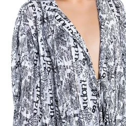 THAT NEW NEWS PRINTED PLEATED TIE FRONT BLOUSE -helmut shop that new news printed pleated tie front blouse white black 8 8