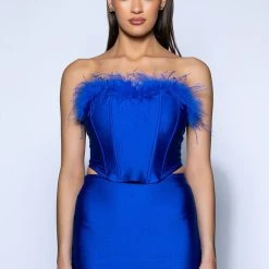THE MOMENT FEATHER DETAIL CORSET IN BLUE -helmut shop the moment feather detail corset in blue royal blue 5 5