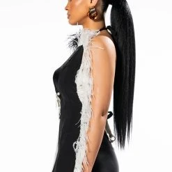 THE ONE FEATHER TRIMMED OPEN BACK BLOUSE -helmut shop the one feather trimmed open back blouse black white 4 4