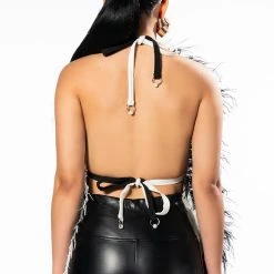 THE ONE FEATHER TRIMMED OPEN BACK BLOUSE -helmut shop the one feather trimmed open back blouse black white 5 5