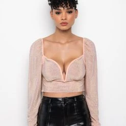 THE SHOW GOES ON RHINESTONE MESH LONG SLEEVE BLOUSE -helmut shop the show goes on rhinestone mesh long sleeve blouse light pink 3 3