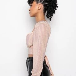 THE SHOW GOES ON RHINESTONE MESH LONG SLEEVE BLOUSE -helmut shop the show goes on rhinestone mesh long sleeve blouse light pink 4 4