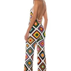 THE WAY YOU GROOVE CROCHET HALTER JUMPSUIT IN WHITE MULTI -helmut shop the way you groove crochet halter jumpsuit in white multi white multi 2 2 c1 c1