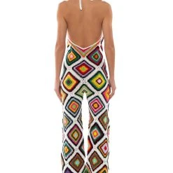 THE WAY YOU GROOVE CROCHET HALTER JUMPSUIT IN WHITE MULTI -helmut shop the way you groove crochet halter jumpsuit in white multi white multi 4 4 c1 c1