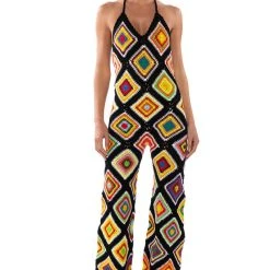 THE WAY YOU GROOVE CROCHET HALTER JUMPSUIT -helmut shop the way you groove crochet halter jumpsuit black multi 2 2 c1