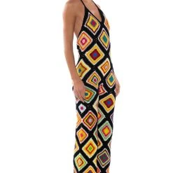 THE WAY YOU GROOVE CROCHET HALTER JUMPSUIT -helmut shop the way you groove crochet halter jumpsuit black multi 3 3 c1