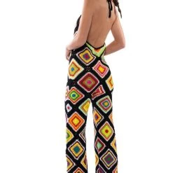 THE WAY YOU GROOVE CROCHET HALTER JUMPSUIT -helmut shop the way you groove crochet halter jumpsuit black multi 4 4 c1