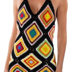 THE WAY YOU GROOVE CROCHET HALTER JUMPSUIT -helmut shop the way you groove crochet halter jumpsuit black multi 7 7