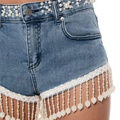 THE WORLD IS YOUR OYSTER PEARL TRIM DENIM SHORTS -helmut shop the world is your oyster pearl trim denim shorts medium blue denim 7 7