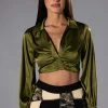 THINKING ABOUT FOREVER CROPPED SATIN BUTTON DOWN -helmut shop thinking about forever cropped satin button down olive 1 1 c1
