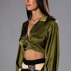 THINKING ABOUT FOREVER CROPPED SATIN BUTTON DOWN -helmut shop thinking about forever cropped satin button down olive 2 2 c1