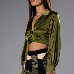 THINKING ABOUT FOREVER CROPPED SATIN BUTTON DOWN -helmut shop thinking about forever cropped satin button down olive 3 3 c1 c1