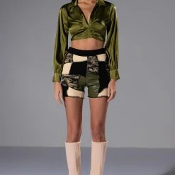 THINKING ABOUT FOREVER CROPPED SATIN BUTTON DOWN -helmut shop thinking about forever cropped satin button down olive 4 4 c1