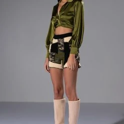 THINKING ABOUT FOREVER CROPPED SATIN BUTTON DOWN -helmut shop thinking about forever cropped satin button down olive 5 5 c1