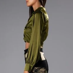 THINKING ABOUT FOREVER CROPPED SATIN BUTTON DOWN -helmut shop thinking about forever cropped satin button down olive 6 6 c1