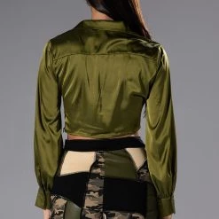 THINKING ABOUT FOREVER CROPPED SATIN BUTTON DOWN -helmut shop thinking about forever cropped satin button down olive 7 7 c1