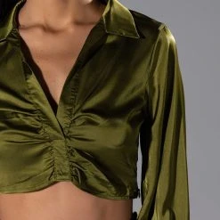 THINKING ABOUT FOREVER CROPPED SATIN BUTTON DOWN -helmut shop thinking about forever cropped satin button down olive 8 8 c1