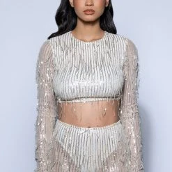 TONIGHT IS THE NIGHT SEQUIN LONG SLEEVE TOP IN CHAMPAGNE -helmut shop tonight is the night sequin long sleeve top in champagne champagne 3 3