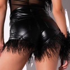 TOO COCKY FEATHER TRIM FAUX LEATHER SHORTS -helmut shop too cocky feather trim faux leather shorts black 2 2 c1