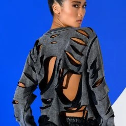 TORN HEART DISTRESSED LONG SLEEVE PULLOVER -helmut shop torn heart distressed long sleeve pullover charcoal grey 2 2