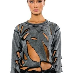 TORN HEART DISTRESSED LONG SLEEVE PULLOVER -helmut shop torn heart distressed long sleeve pullover charcoal grey 4 4