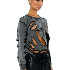 TORN HEART DISTRESSED LONG SLEEVE PULLOVER -helmut shop torn heart distressed long sleeve pullover charcoal grey 5 5