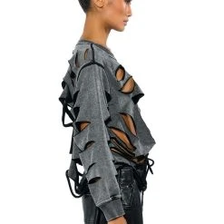 TORN HEART DISTRESSED LONG SLEEVE PULLOVER -helmut shop torn heart distressed long sleeve pullover charcoal grey 7 7