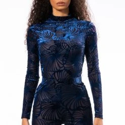 TROPIC LIKE ITS HOT LONG SLEEVE MOCK NECK BODYSUIT -helmut shop tropic like its hot long sleeve mock neck bodysuit blue multi 3 3