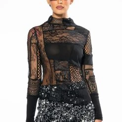 TRUST ISSUES LONG SLEEVE MOCK NECK PATCHWORK TOP -helmut shop trust issues long sleeve mock neck patchwork top black 3 3