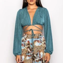 TRY HARDER TIE FRONT CROP TOP -helmut shop try harder tie front crop top blue 3 3