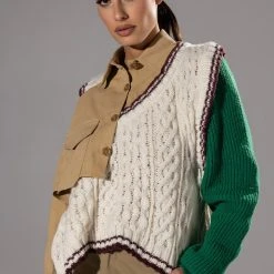 UNDECIDED MIXED MATERIAL BUTTON DOWN TOP -helmut shop undecided mixed material button down top beige multi 2 2