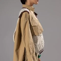 UNDECIDED MIXED MATERIAL BUTTON DOWN TOP -helmut shop undecided mixed material button down top beige multi 5 5