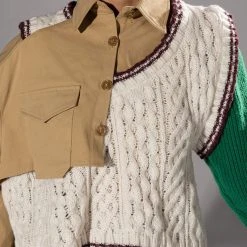 UNDECIDED MIXED MATERIAL BUTTON DOWN TOP -helmut shop undecided mixed material button down top beige multi 7 7