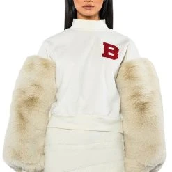 UPPER EAST SIDE FAUX FUR SLEEVE SWEATSHIRT -helmut shop upper east side faux fur sleeve sweatshirt white multi 4 4