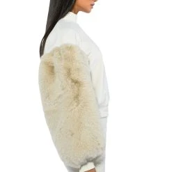 UPPER EAST SIDE FAUX FUR SLEEVE SWEATSHIRT -helmut shop upper east side faux fur sleeve sweatshirt white multi 7 7