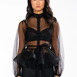 UPPER EAST SIDE TIE WAIST LONG SLEEVE PEPLUM BLOUSE -helmut shop upper east side tie waist long sleeve peplum blouse black 3 3