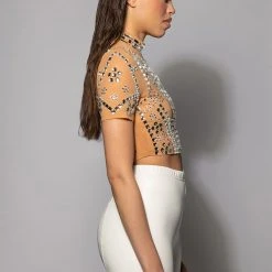 VALENCIA SHORT SLEEVE RHINESTONE CROP TOP -helmut shop valencia short sleeve rhinestone crop top beige 4 4