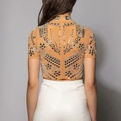 VALENCIA SHORT SLEEVE RHINESTONE CROP TOP -helmut shop valencia short sleeve rhinestone crop top beige 5 5