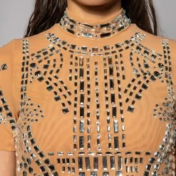 VALENCIA SHORT SLEEVE RHINESTONE CROP TOP -helmut shop valencia short sleeve rhinestone crop top beige 6 6