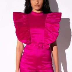 VALENTINA TAFFETA RUFFLE SLEEVE ROMPER -helmut shop valentina taffeta ruffle sleeve romper pink 4 4