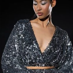 VIVA LAS VEGAS LONG SLEEVE CROPPED WRAP BLOUSE -helmut shop viva las vegas long sleeve cropped wrap blouse silver 1 1 c1