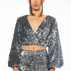 VIVA LAS VEGAS LONG SLEEVE CROPPED WRAP BLOUSE