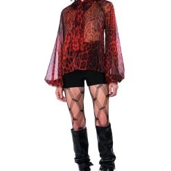 WALK THE WALK TIE NECK SHEER BLOUSE -helmut shop walk the walk tie neck sheer blouse red multi 12 12