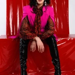 WALK THE WALK TIE NECK SHEER BLOUSE -helmut shop walk the walk tie neck sheer blouse red multi 7 7