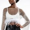 WANT MORE RHINESTONE MESH CROP TOP WITH FEATHER TRIM