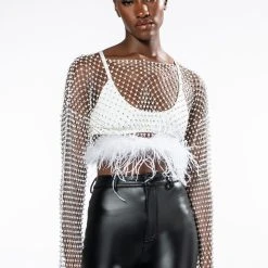 WANT MORE RHINESTONE MESH CROP TOP WITH FEATHER TRIM -helmut shop want more rhinestone mesh crop top with feather trim white 3 3