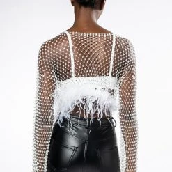 WANT MORE RHINESTONE MESH CROP TOP WITH FEATHER TRIM -helmut shop want more rhinestone mesh crop top with feather trim white 5 5