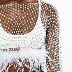 WANT MORE RHINESTONE MESH CROP TOP WITH FEATHER TRIM -helmut shop want more rhinestone mesh crop top with feather trim white 6 6