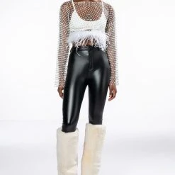 WANT MORE RHINESTONE MESH CROP TOP WITH FEATHER TRIM -helmut shop want more rhinestone mesh crop top with feather trim white 7 7