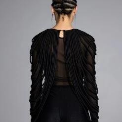 WAVY BABY LONG SLEEVE STRING DETAIL MESH TOP -helmut shop wavy baby long sleeve string detail mesh top black 6 6